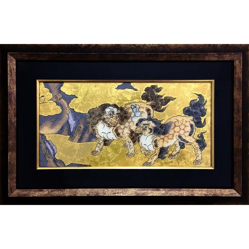 ジュエリー絵画 狩野永徳『唐獅子図屏風』 額装メイン全体画像
